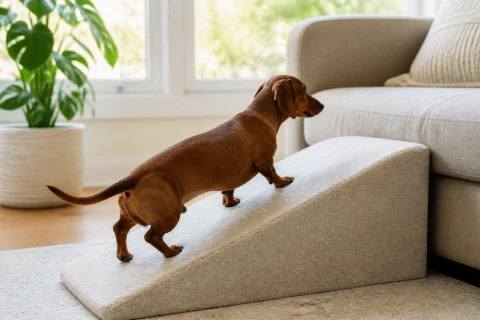 Smooth red Dachshund walking up a low pet ramp beside a sofa