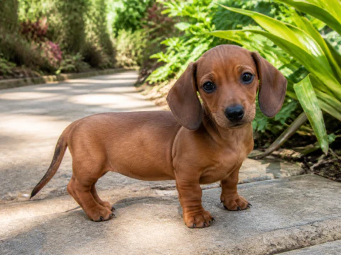 Dachshund puppy standing on a garden path