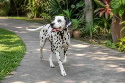 Happy Dalmatian walking along a shaded garden path