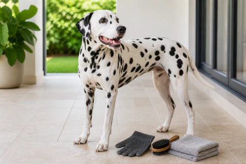 Happy Dalmatian standing beside practical grooming tools