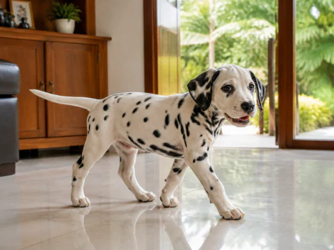 Happy Dalmatian puppy walking through a bright family room