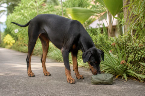 Doberman searching for a canvas scent pouch beside garden plants