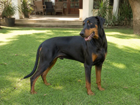 Happy adult Doberman looking back across a garden lawn
