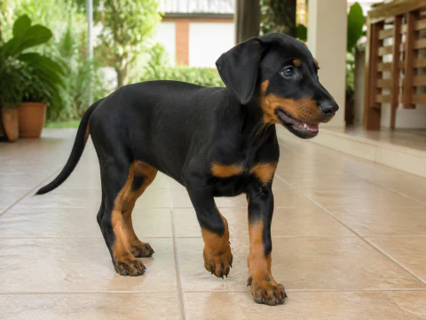 Happy Doberman puppy stepping across a bright veranda