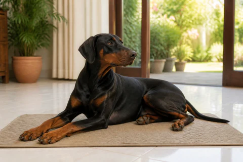Doberman settling calmly on a mat beside open patio doors