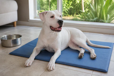 Happy Dogo Argentino resting on a cooling mat beside fresh water