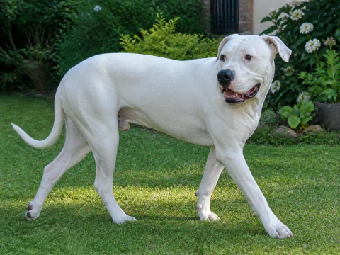 Happy adult Dogo Argentino walking across a sunny garden