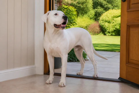 Happy Dogo Argentino checking back at an open home entrance