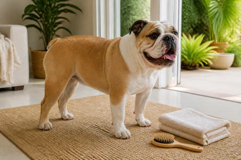 Happy English Bulldog standing beside a grooming brush and folded towels