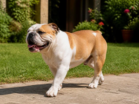 Happy adult English Bulldog walking through a sunny garden