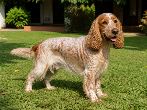 Adult English Cocker Spaniel standing in a sunny garden