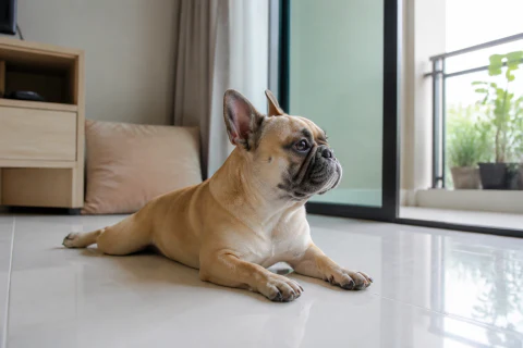 Fawn French Bulldog resting on a cool condo floor beside a shaded balcony