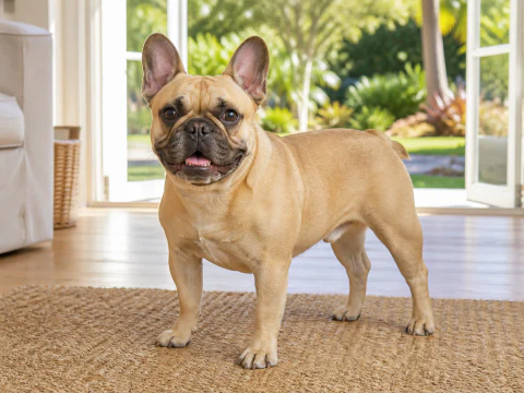 Adult French Bulldog standing in a bright living room