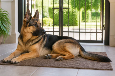 German Shepherd lying calmly inside a gated home entrance