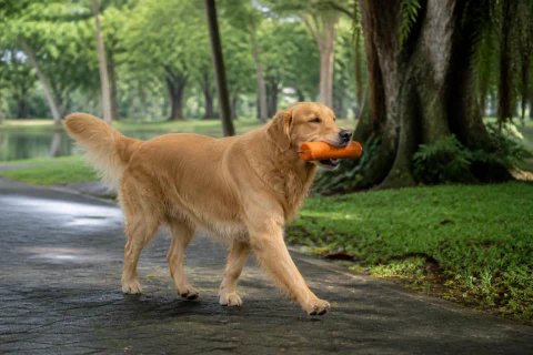 Adult Golden Retriever carrying an orange retrieval dummy on a shaded park path