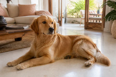 Golden Retriever resting on a cool floor near shaded patio doors