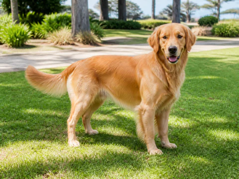Adult Golden Retriever standing in a sunny garden
