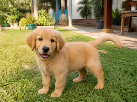 Golden Retriever puppy standing in a garden