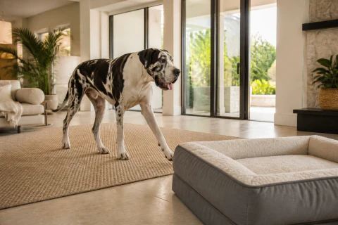 Happy Great Dane crossing a non-slip rug beside a large dog bed
