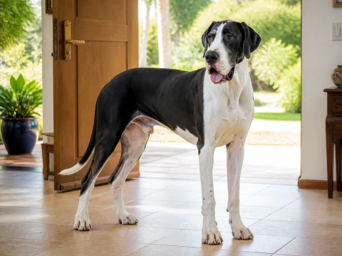 Happy adult Great Dane standing inside a spacious home entrance