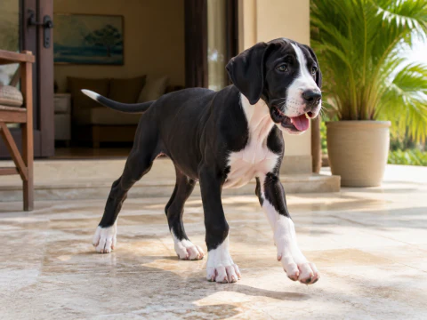 Happy Great Dane puppy walking across a bright veranda