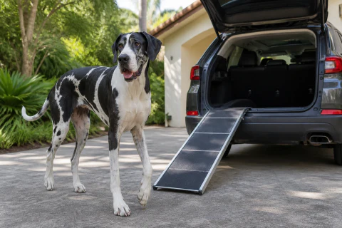 Happy Great Dane approaching a family vehicle ramp