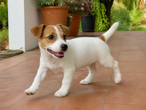Happy Jack Russell Terrier puppy stepping across a bright veranda