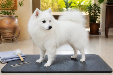 Japanese Spitz standing on a grooming mat beside double-coat tools