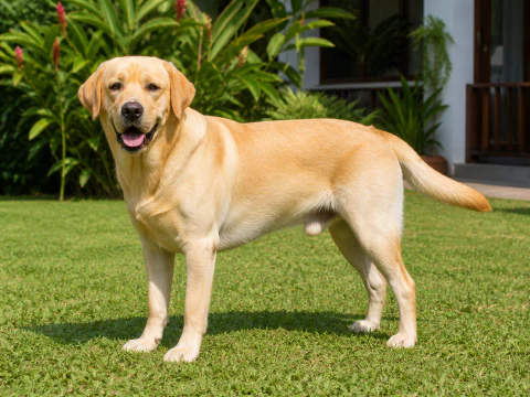 Adult Labrador Retriever standing in a sunny garden