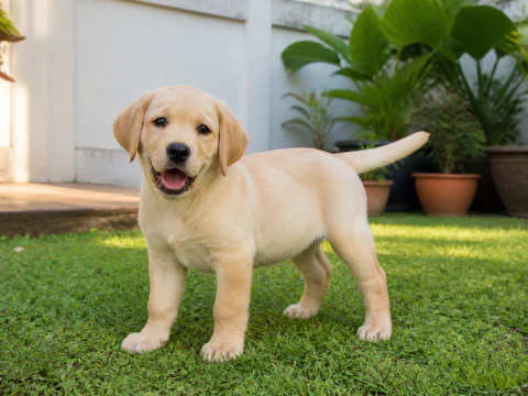 Labrador Retriever puppy standing in a garden