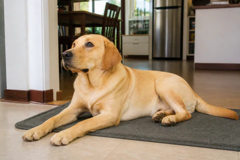 Yellow Labrador Retriever settling calmly on a mat at home