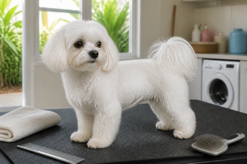 Maltese standing on a grooming mat beside a towel and comb
