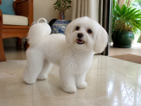 Adult Maltese standing in a bright living room