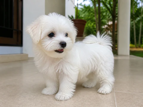 Maltese puppy standing on a bright covered patio