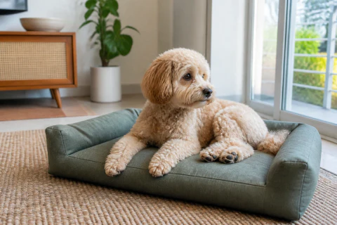 Maltipoo resting calmly on a bed beside a bright window