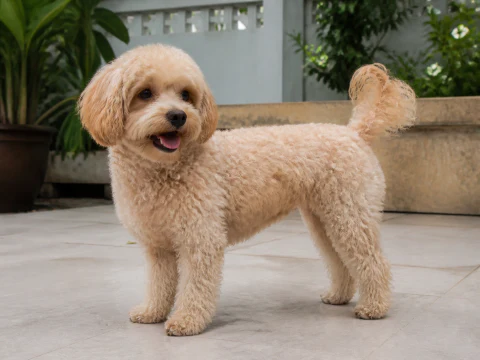 Adult Maltipoo standing in a shaded courtyard