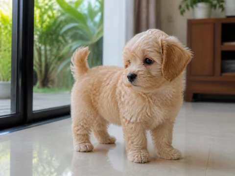 Maltipoo puppy standing near bright patio doors