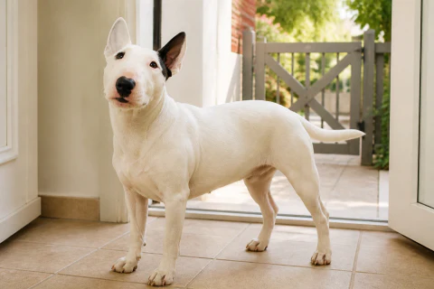 Warm Miniature Bull Terrier waiting calmly inside a secure garden gate