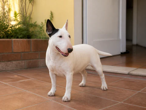 Happy adult Miniature Bull Terrier standing in a bright courtyard