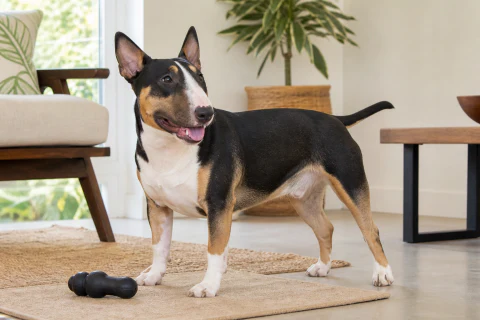 Happy Miniature Bull Terrier standing beside a chew toy in a bright living room