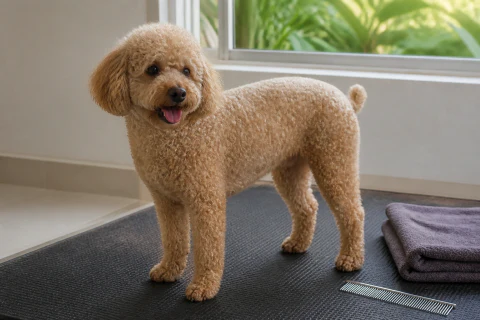 Miniature Poodle standing on a grooming mat beside a towel and comb