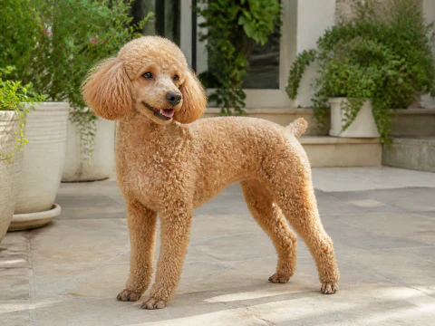 Adult Miniature Poodle standing in a bright courtyard