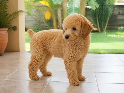 Miniature Poodle puppy standing on a bright veranda