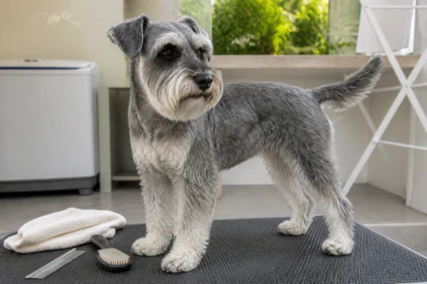 Miniature Schnauzer standing on a grooming mat beside a towel and comb
