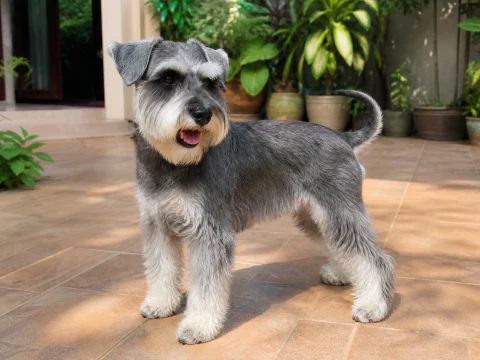 Adult Miniature Schnauzer standing in a bright courtyard