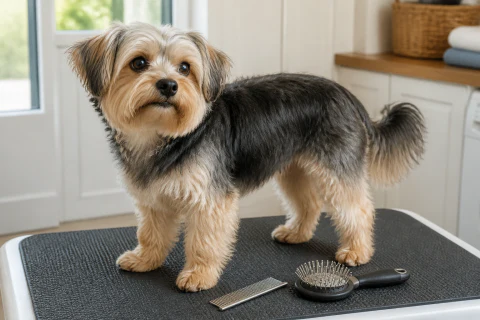 Morkie standing beside practical grooming tools