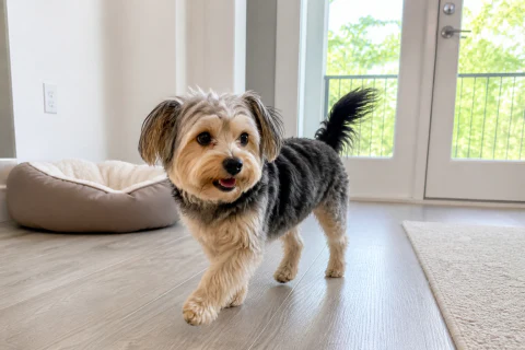 Happy Morkie walking through a bright secure condo