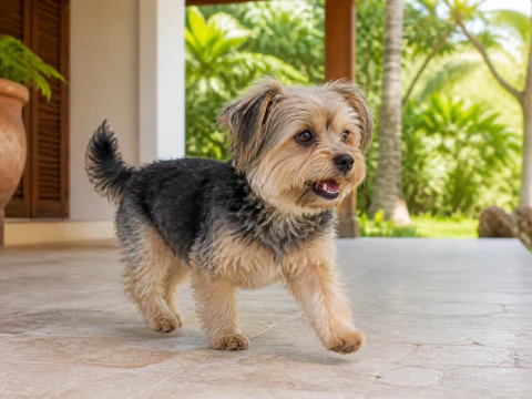 Happy adult Morkie walking across a bright veranda