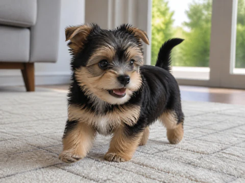 Happy Morkie puppy walking across a family-room rug