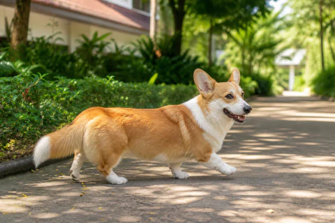 Pembroke Welsh Corgi trotting on a shaded park path